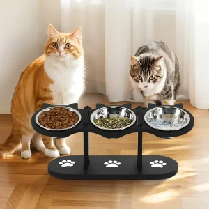 Elevated Tilted Cat Bowls with Wooden Stand – 3 Stainless Steel Bowls